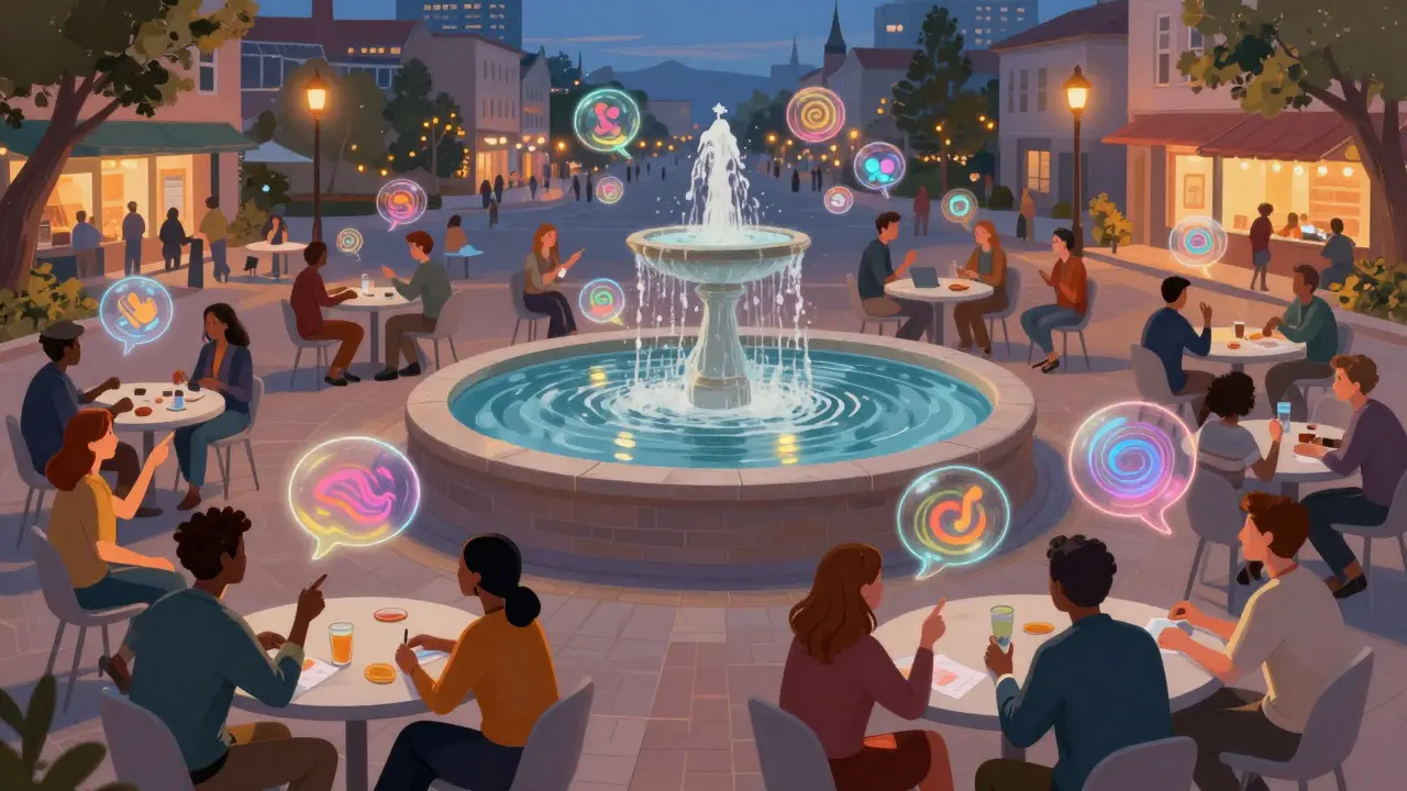 People discussing around floating holograms in a vibrant town square