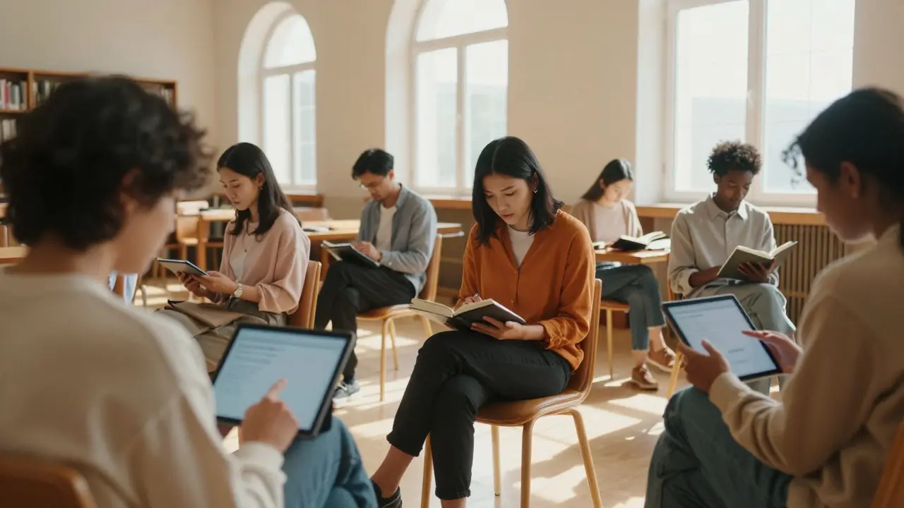 People in a sunlit library using tablets and reading books, focusing on the act of verifying information.