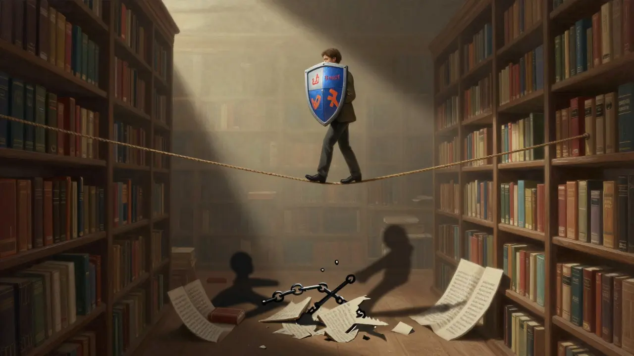 Person balancing on a tightrope above a library, symbolizing responsible administration