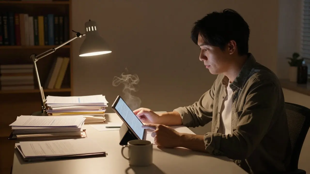 Person calmly researching sources in a warm, lit home office environment