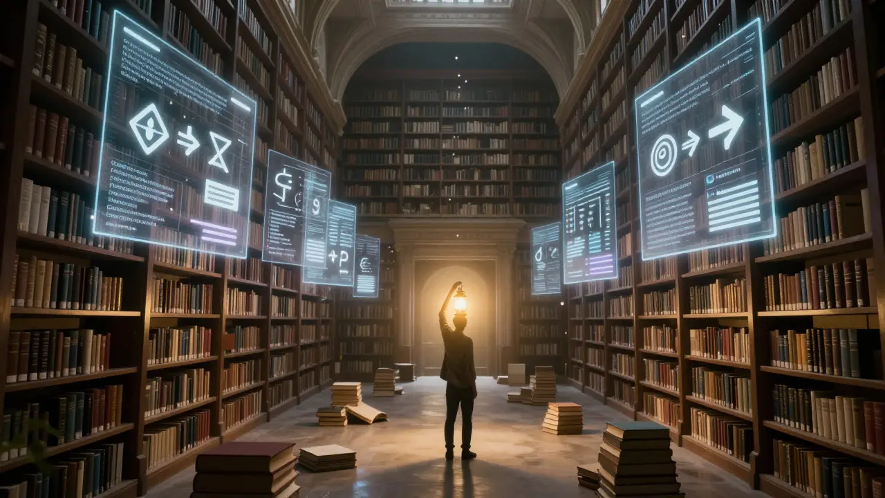 Person holding a lantern in a large library with floating digital displays