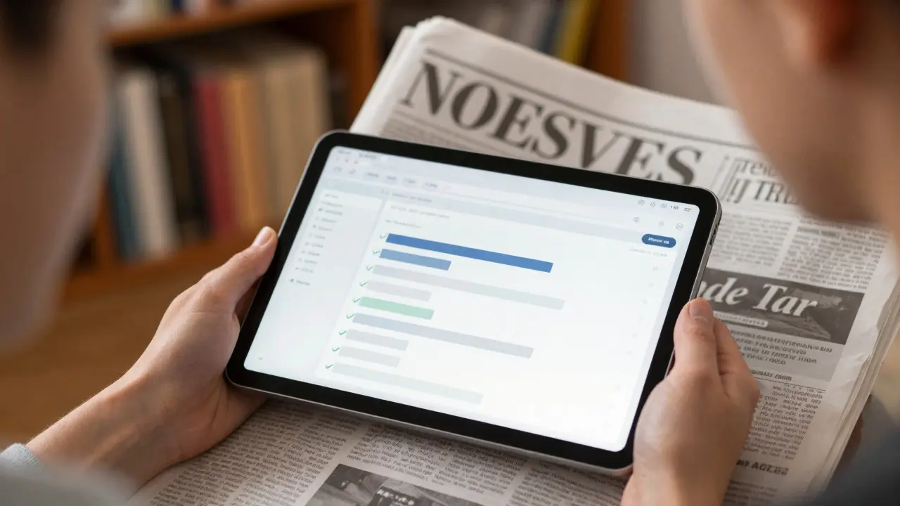 Person holding a tablet and newspaper, comparing digital edit histories with print headlines