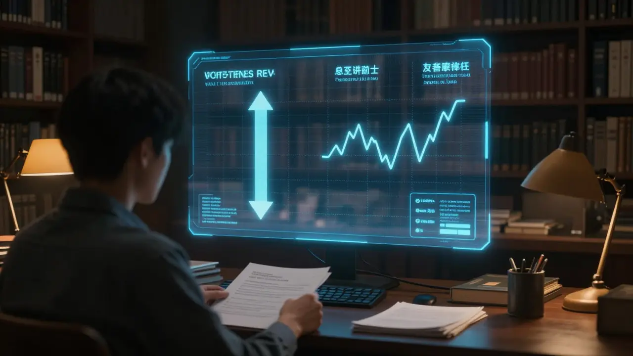 Person in a library studying with a holographic display comparing stable and erratic data