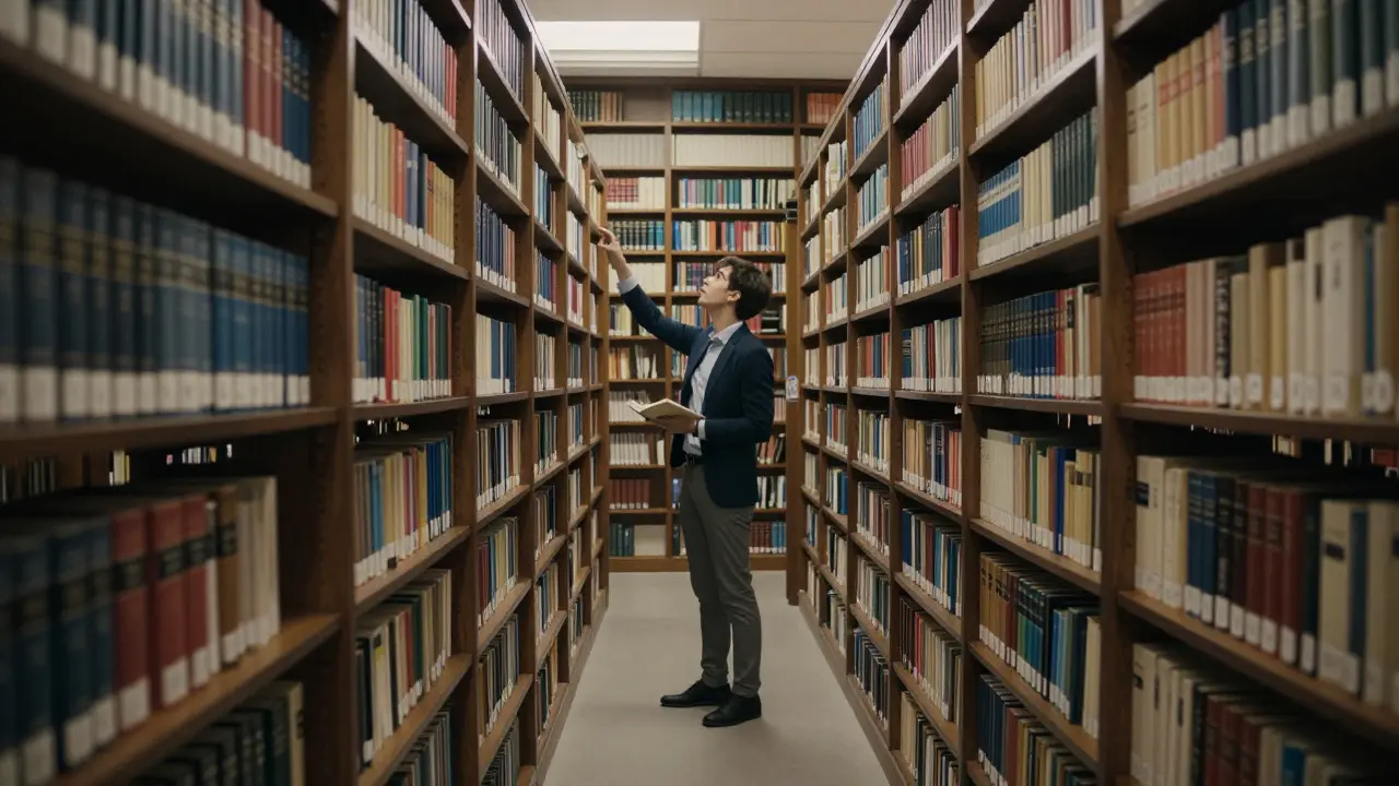 Person standing in a large library aisle considering file placement