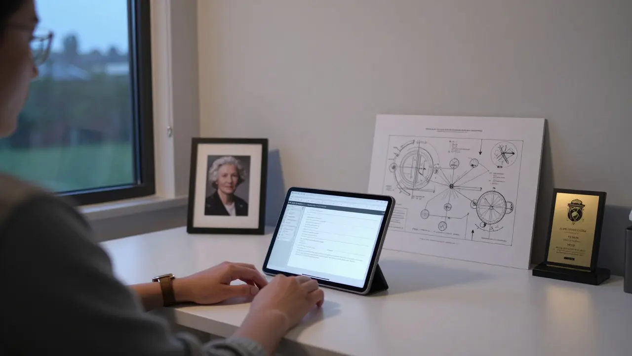 Person working in a home office with historical photos and a tablet