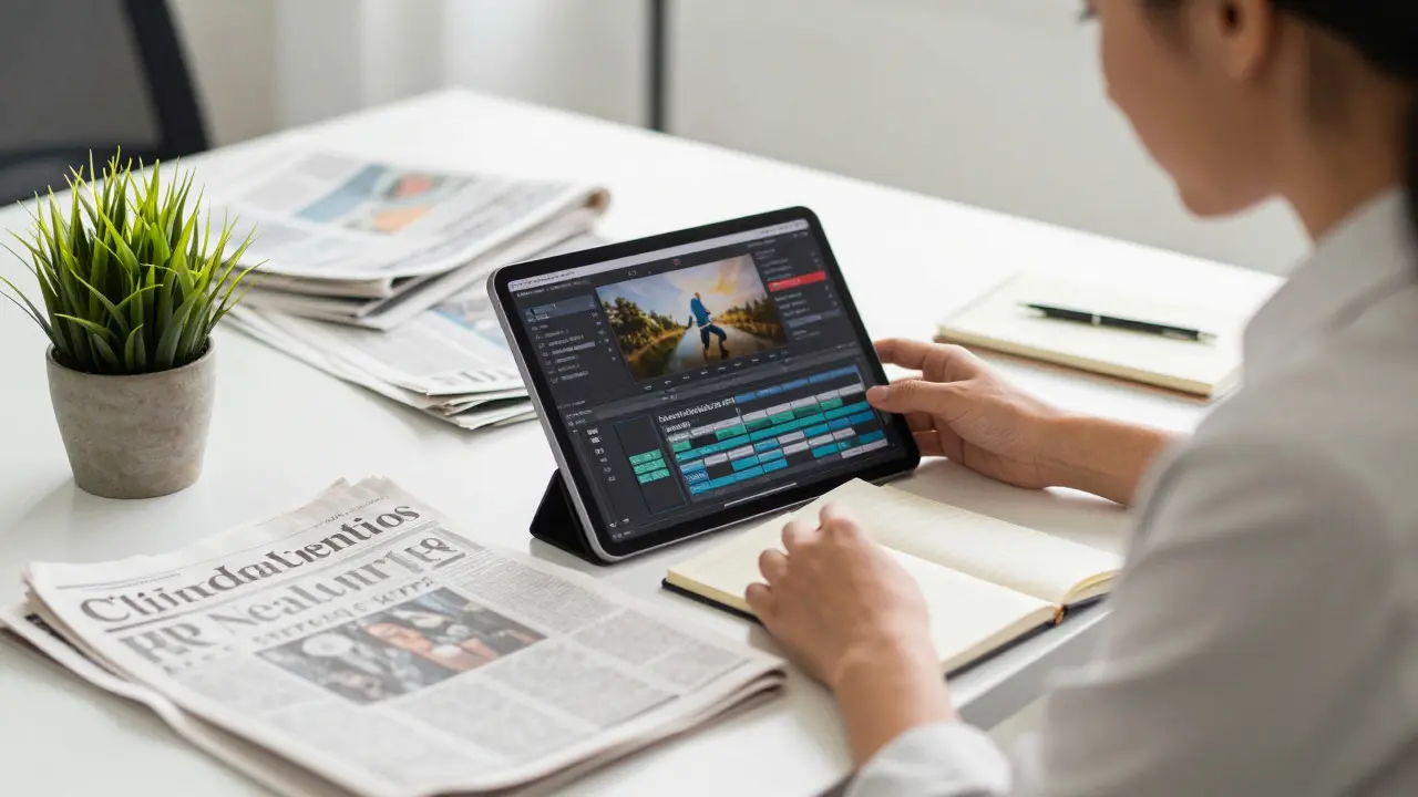 PR specialist reviewing documents and a tablet in a bright modern office setting