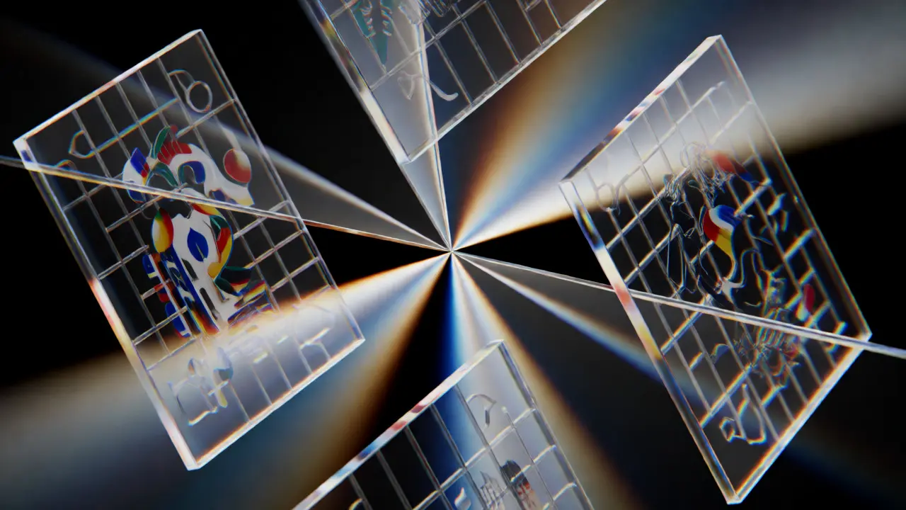 Prismatic glass panes aligning to show multilingual data consistency