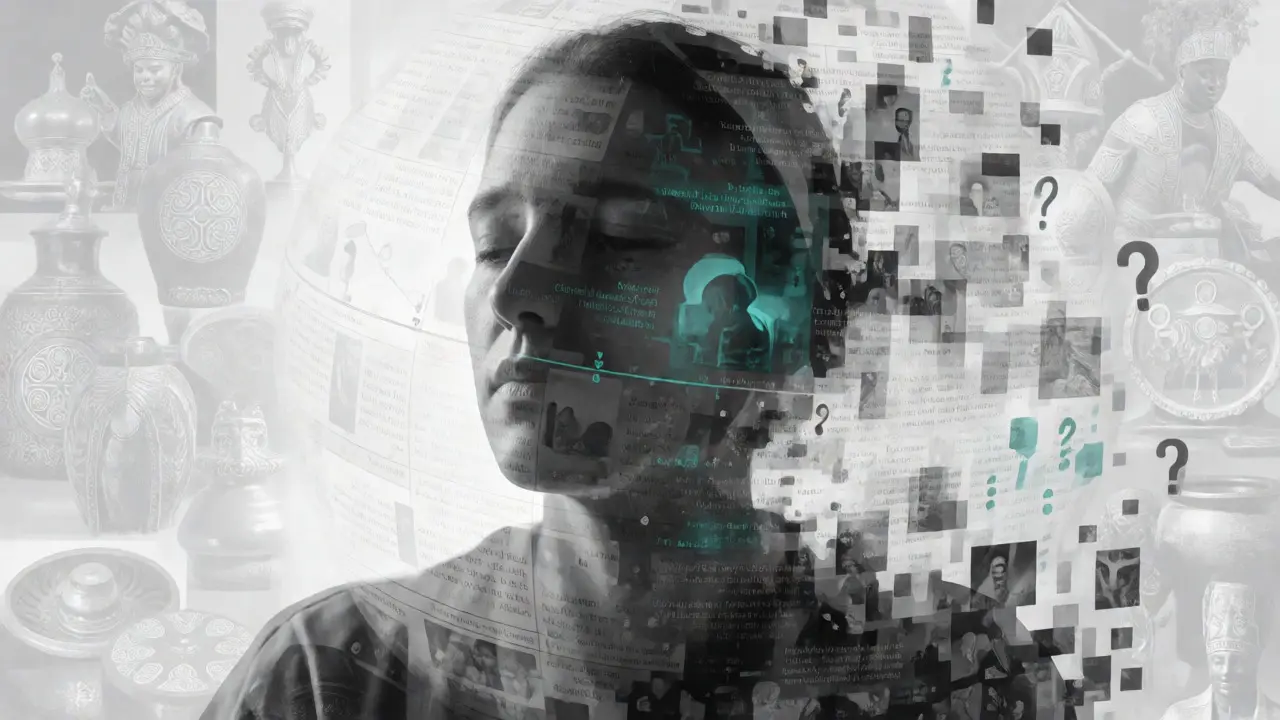Profile silhouette filled with shifting data streams and question marks