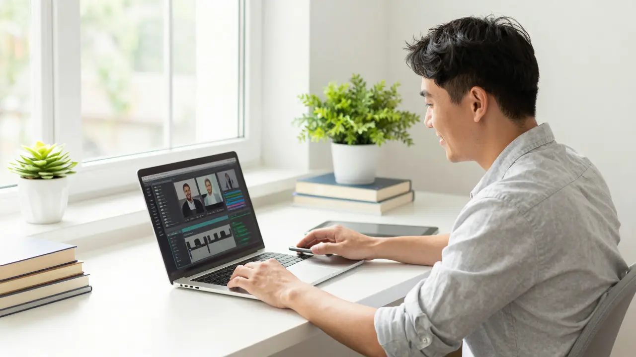 Relaxed editor reviewing automated fixes in a bright office