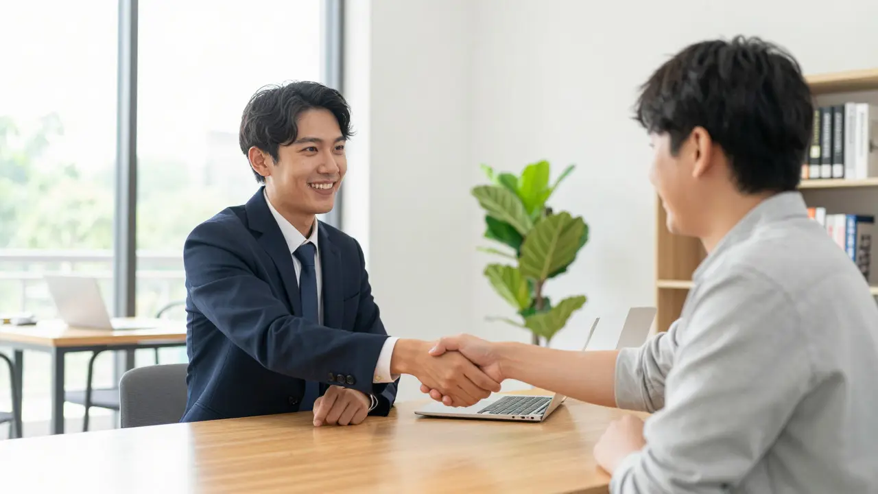 Reporter and volunteer editor shaking hands in a bright office