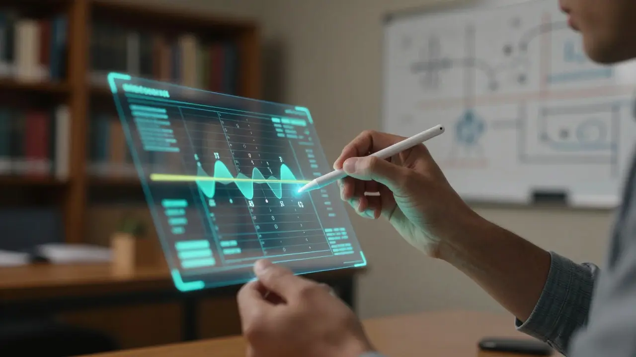 Researcher analyzing a holographic timeline of data versions in an academic office setting