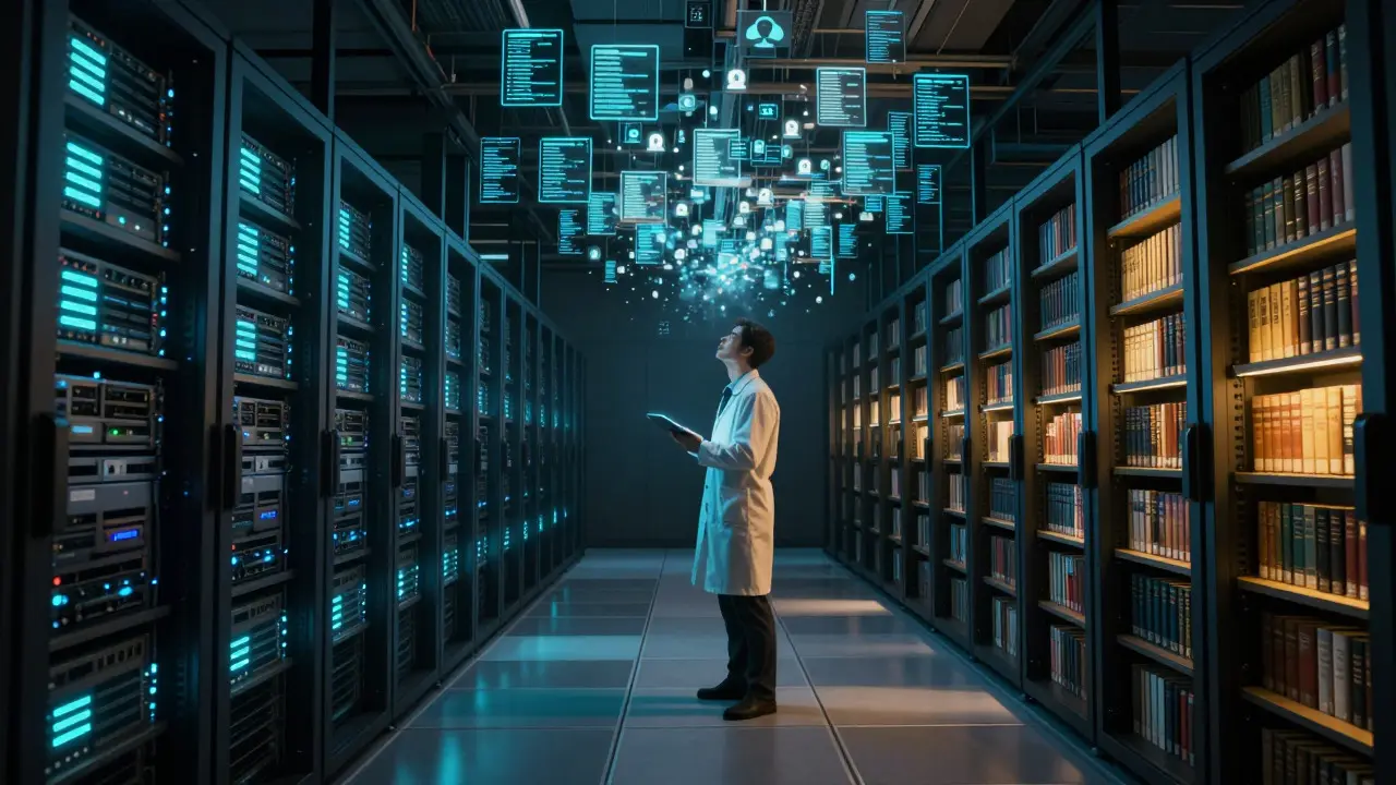 Researcher analyzing holographic data in a server room styled as a library