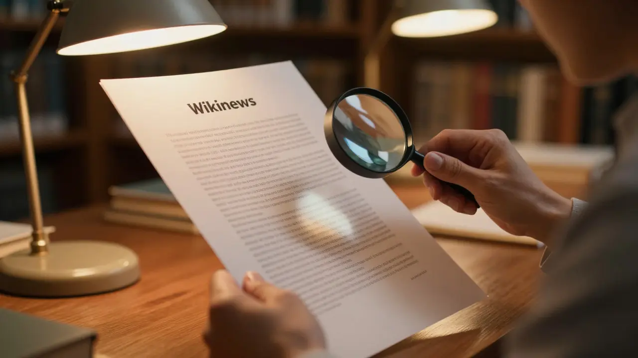 Researcher examining a document with a magnifying glass in a warm, dimly lit library