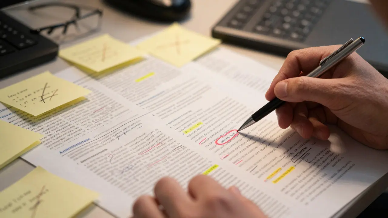 Researcher reviewing messy Wikipedia printouts with handwritten annotations