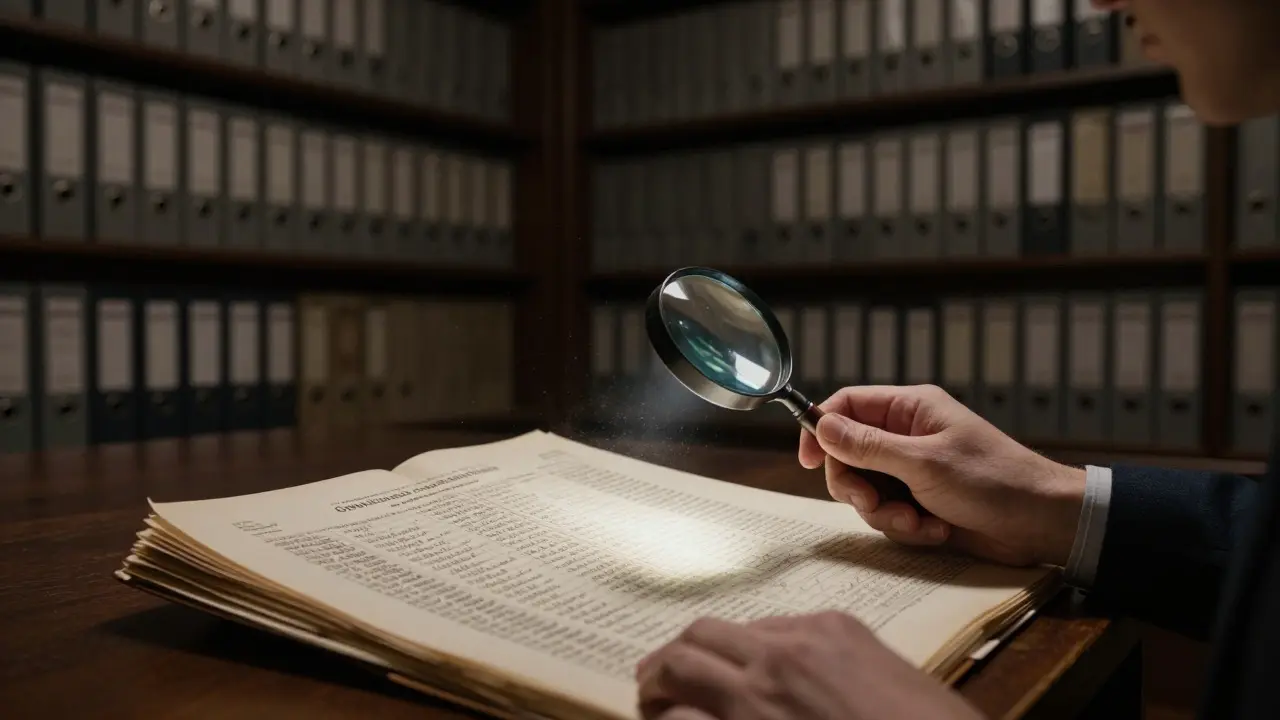 Researcher using a magnifying glass to examine a historical census report in an archive