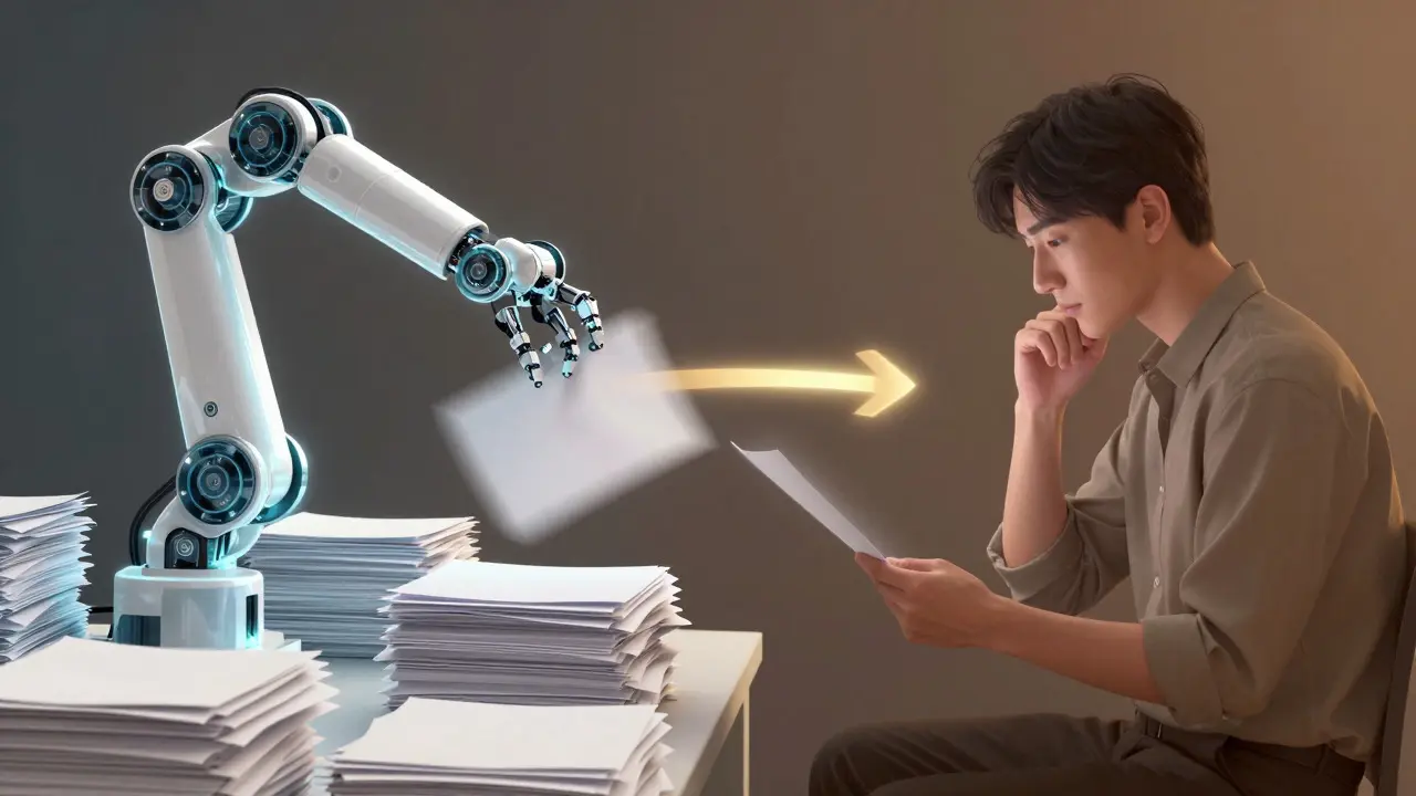 Robot sorting papers while a human reviews a document, connected by light