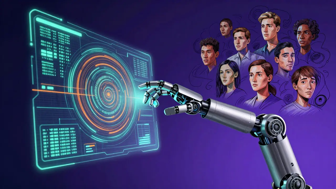 Robotic arm interacting with holographic data streams and sketched human faces