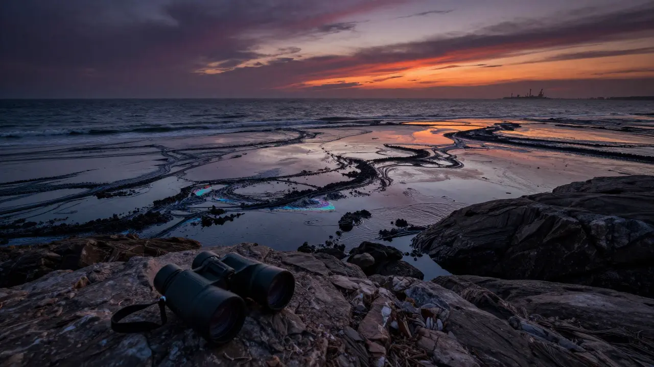 Rocky coastline with oil slicks in the water under a dramatic sunset sky