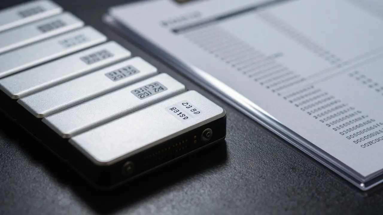 Row of labeled external hard drives and a sheet of checksum codes