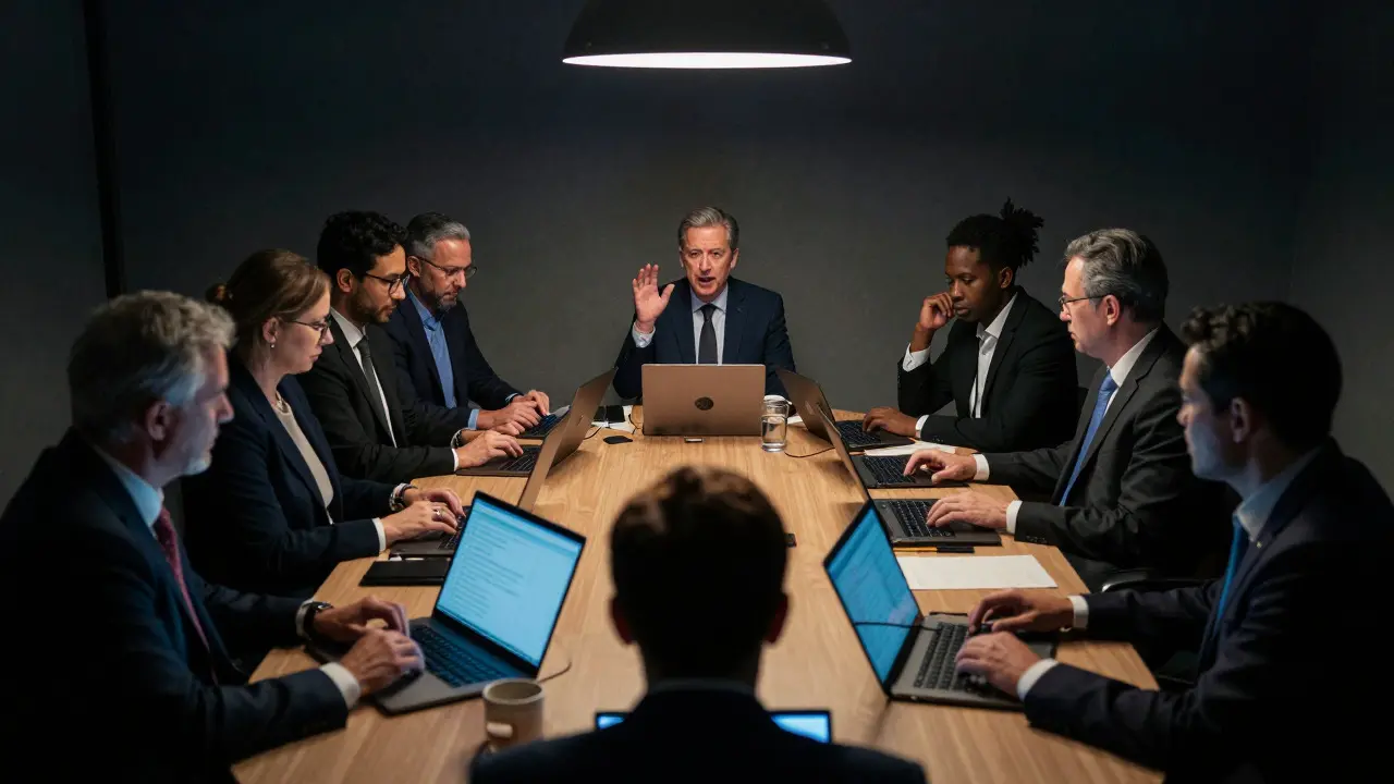 Serious round-table meeting of global representatives discussing strategy under dim lighting