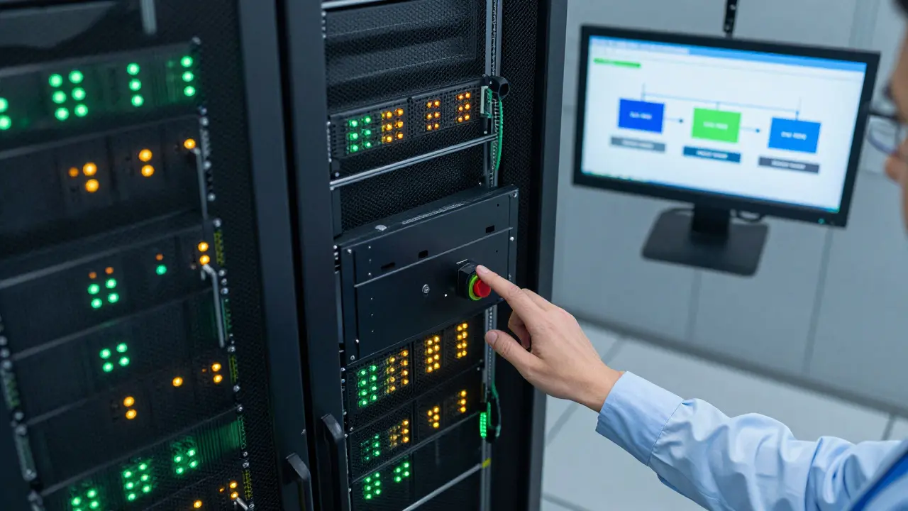 Server room with blinking lights representing staged bot deployment