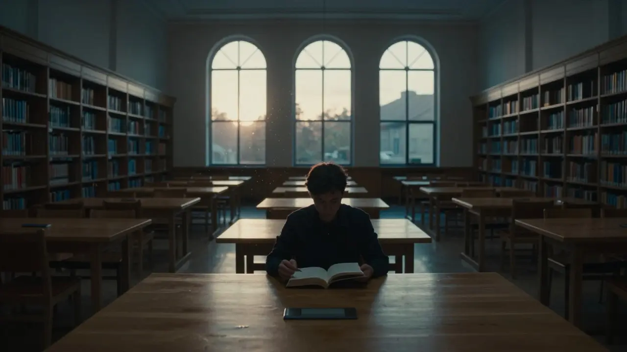 Silhouette of a person reading in a large, dimly lit library hall