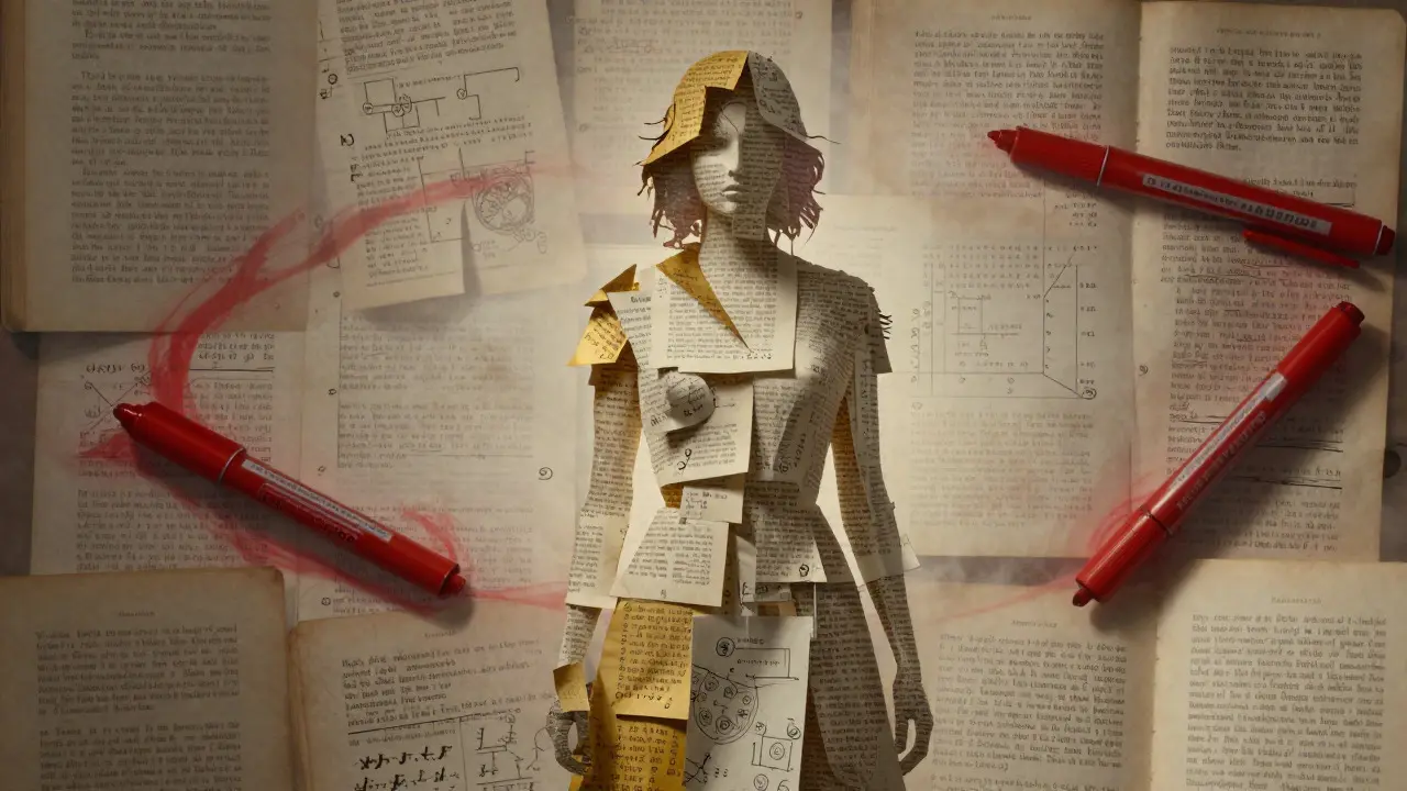 Silhouette of a woman formed from fragmented book pages and citations