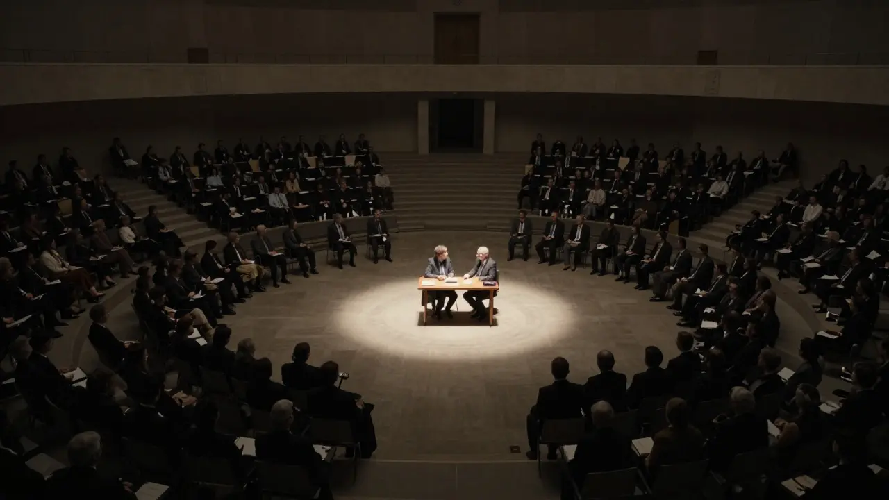 Silhouetted crowd in an amphitheater watching a central debate under a spotlight
