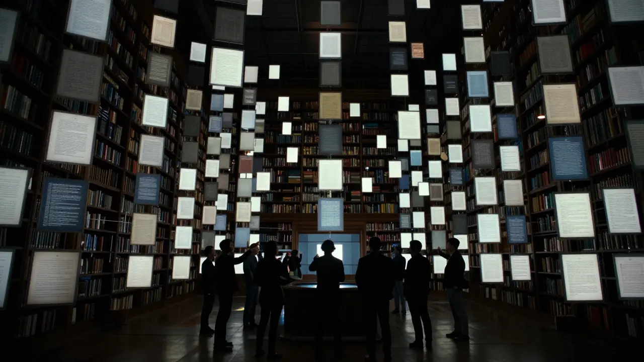 Silhouettes of people debating among thousands of glowing floating panels in a dark library