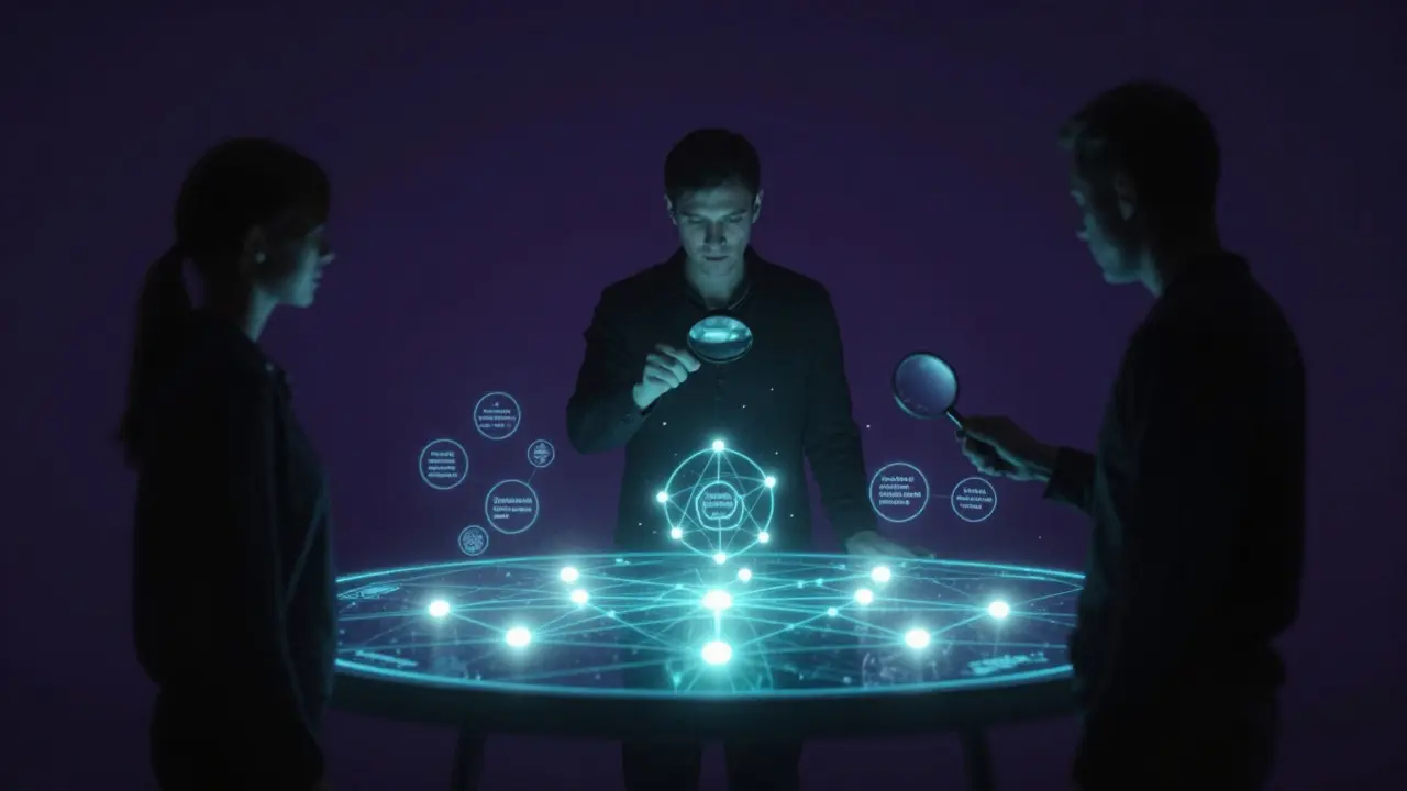 Silhouettes of people reviewing a holographic network of connected source nodes