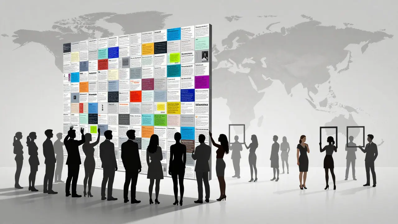 Silhouettes representing diverse demographics contributing to a digital knowledge wall