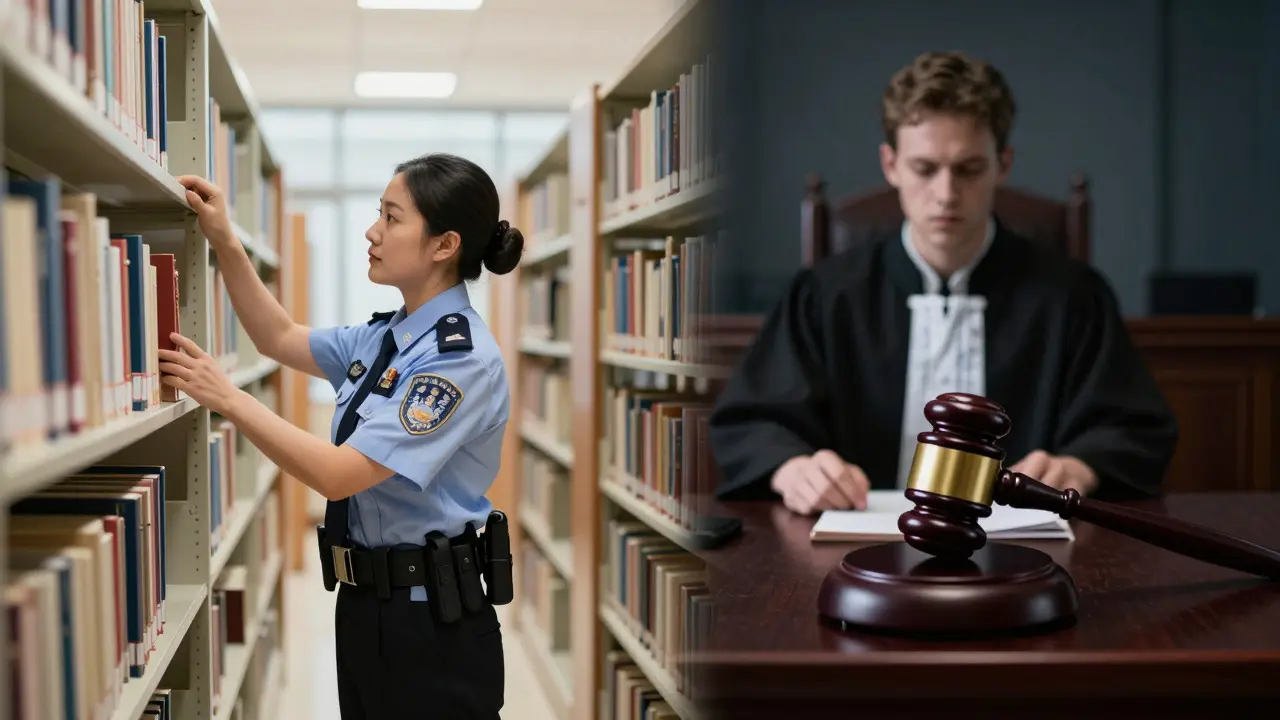 Split image comparing a calm library setting with a stern courtroom, representing internal vs external actions.