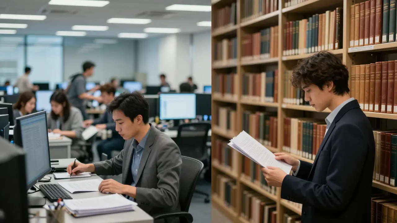 Split image contrasting a fast newsroom with a calm library archive