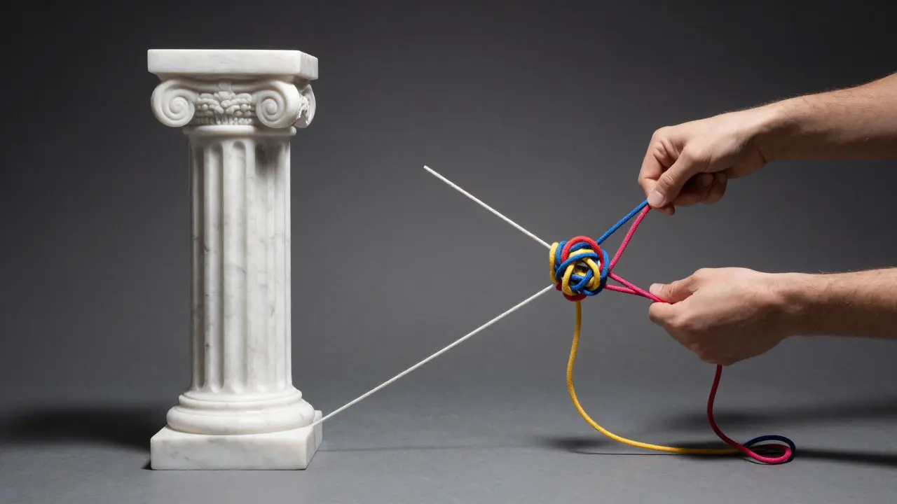 Split image contrasting a solid marble pillar with a tangled knot of colorful threads