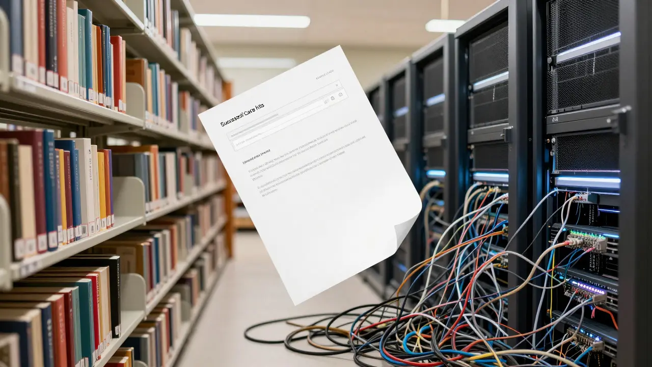 Split image contrasting a tidy library with tangled wires and a floating page