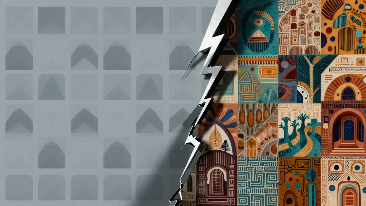 Split image contrasting rigid grey shapes with vibrant organic patterns