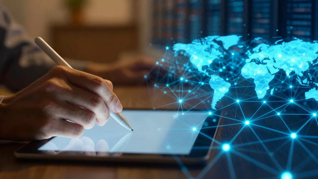 Split image showing a hand typing next to a vast digital network of nodes