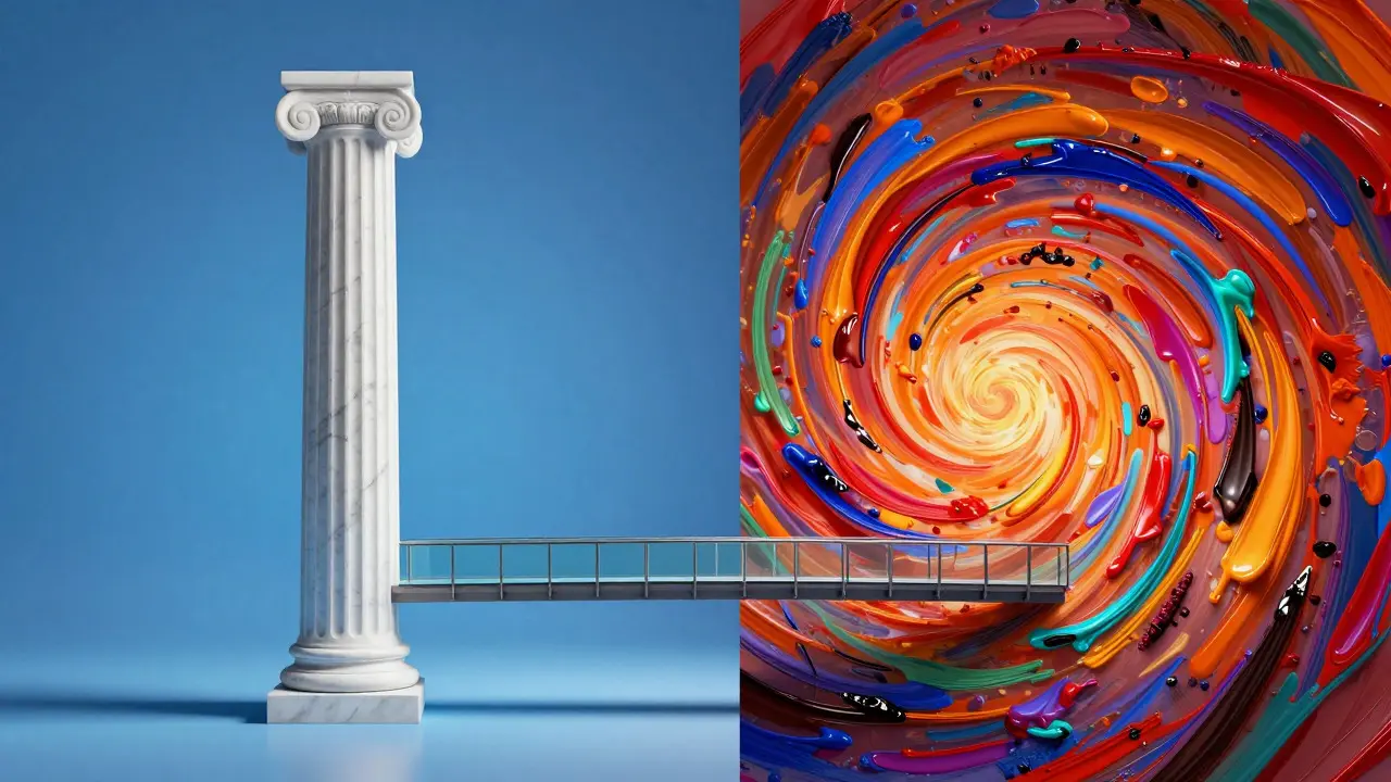 Split image showing a white column and colorful paint swirls connected by a glass bridge