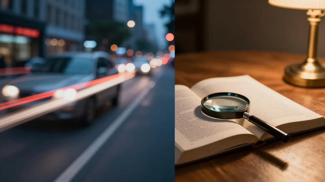 Split image showing blurred city traffic next to a sharp still life of a book