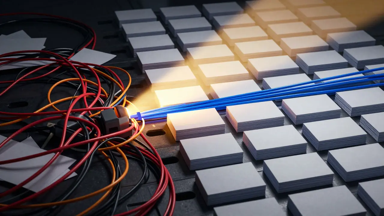 Split image showing chaotic wires transforming into organized cards under a beam of light