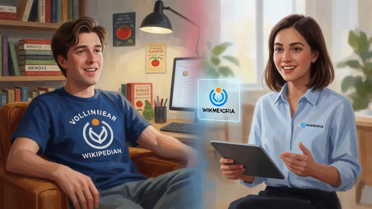 Split scene showing casual volunteer interview vs professional staff discussion
