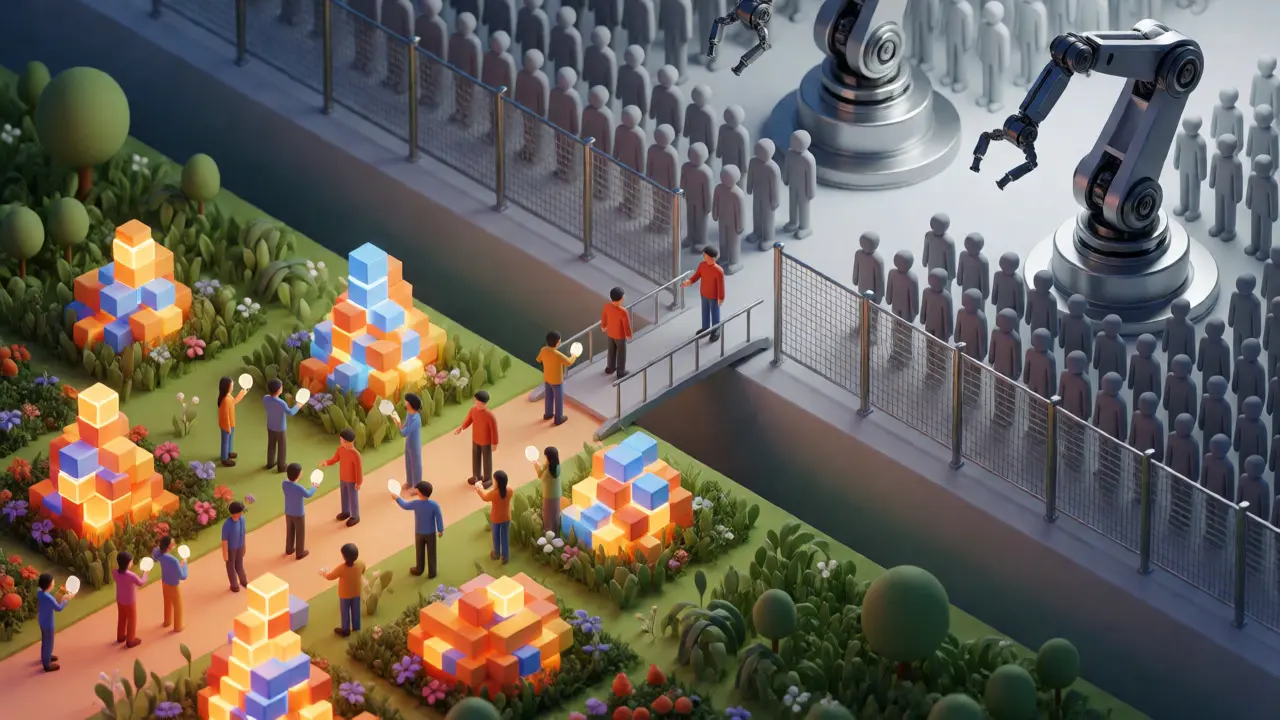 Split scene showing vibrant collaborative editing versus sterile, fenced-off administrative control.