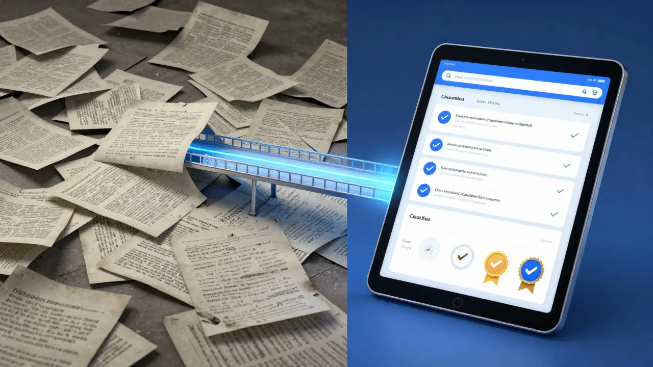 Split-screen art contrasting old messy papers with modern verified digital data
