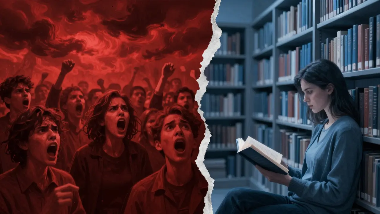 Split screen contrasting a chaotic red crowd with a calm blue library