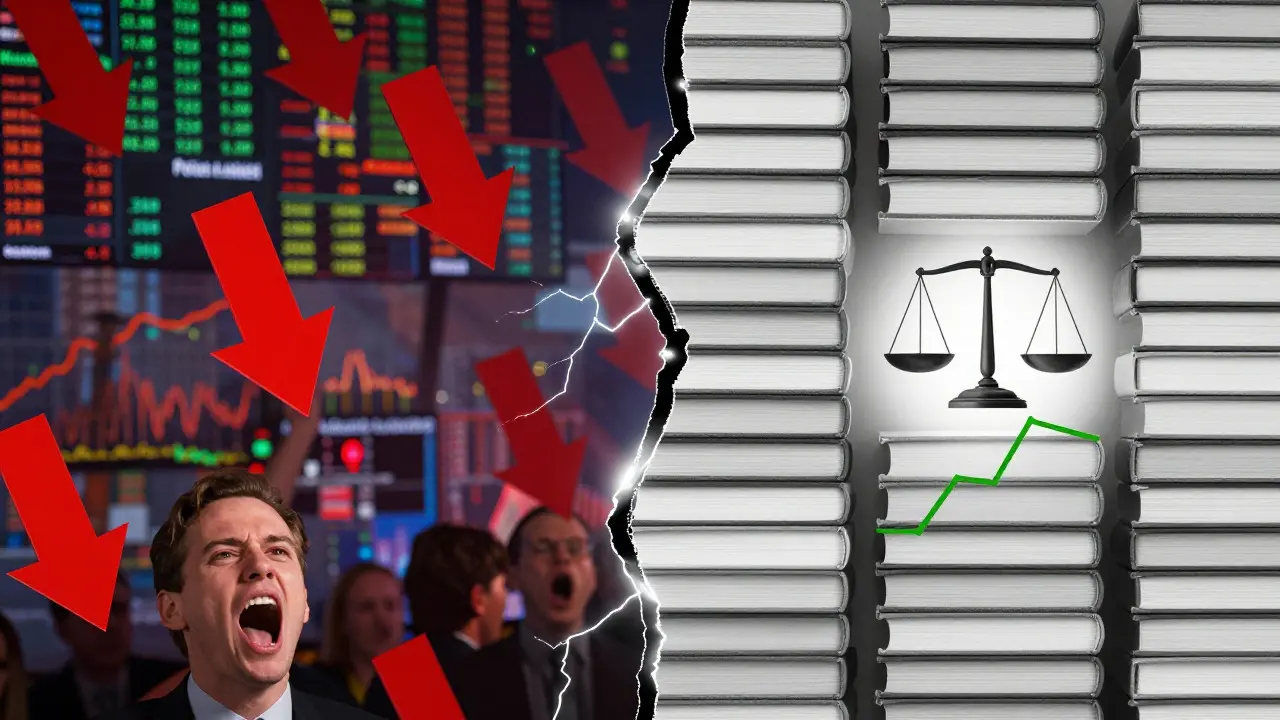 Split screen contrasting chaotic market visuals with calm, structured editorial balance