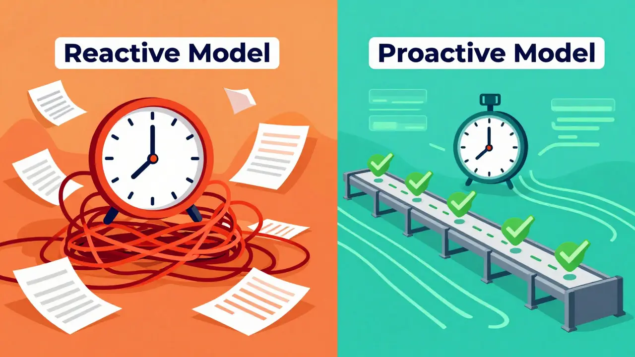 Split-screen illustration comparing chaotic reactive methods with organized proactive processes