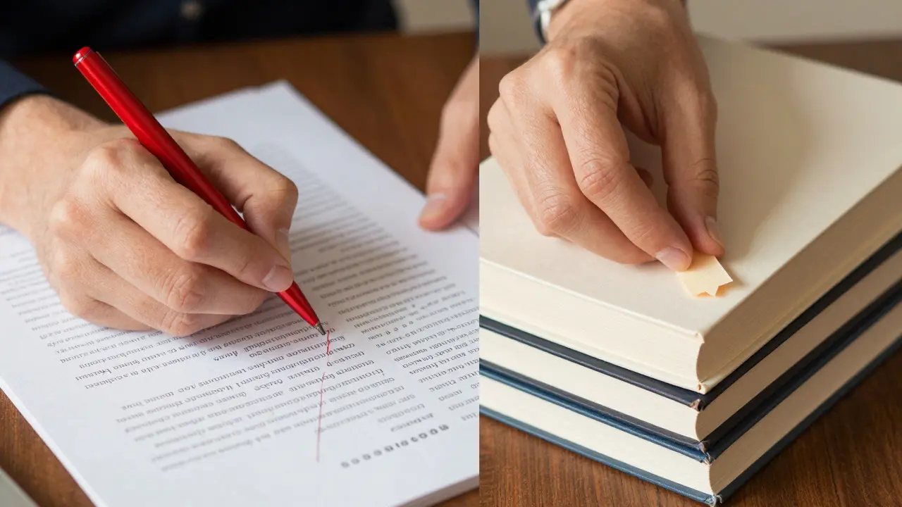 Split-screen of hands editing a document to remove redundant citations and organizing sources into a neat stack