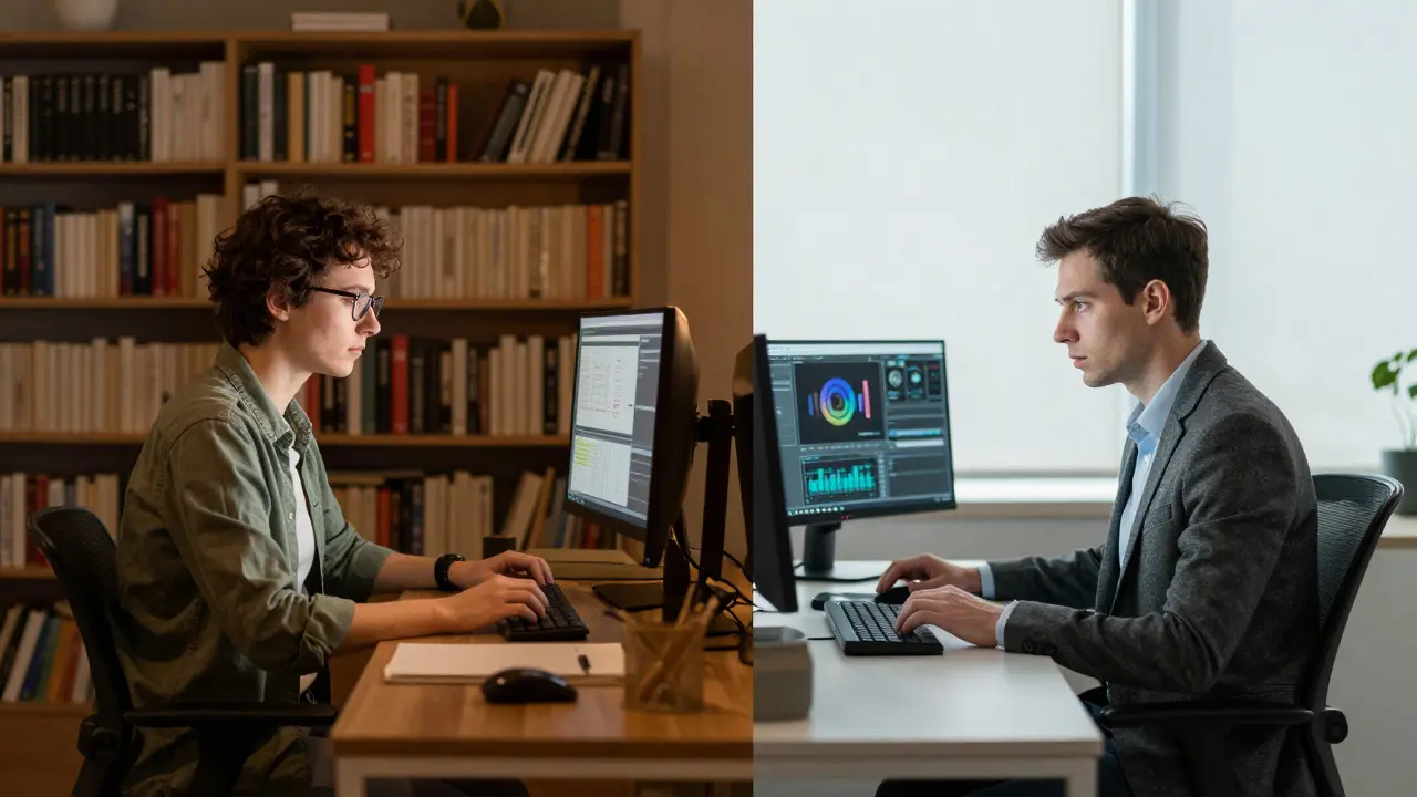 Split-screen photo comparing a volunteer in a library with a professional in an office