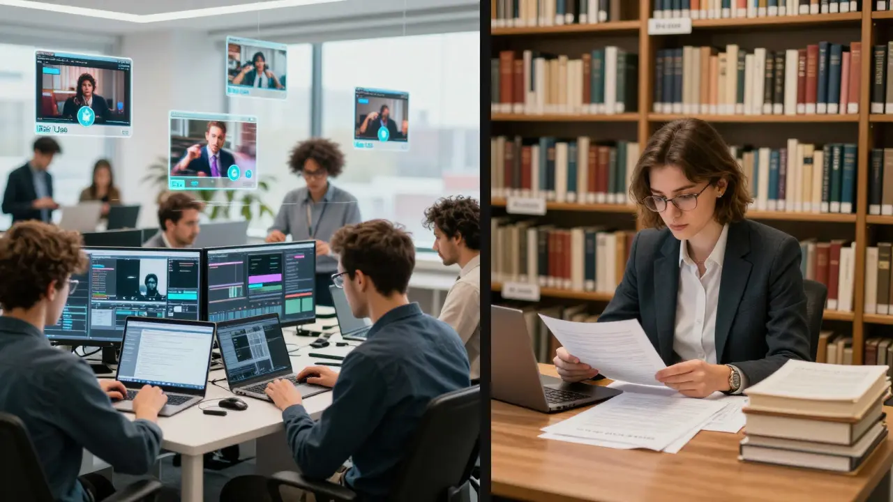 Split screen showing fast-paced editing on the left and cautious review on the right