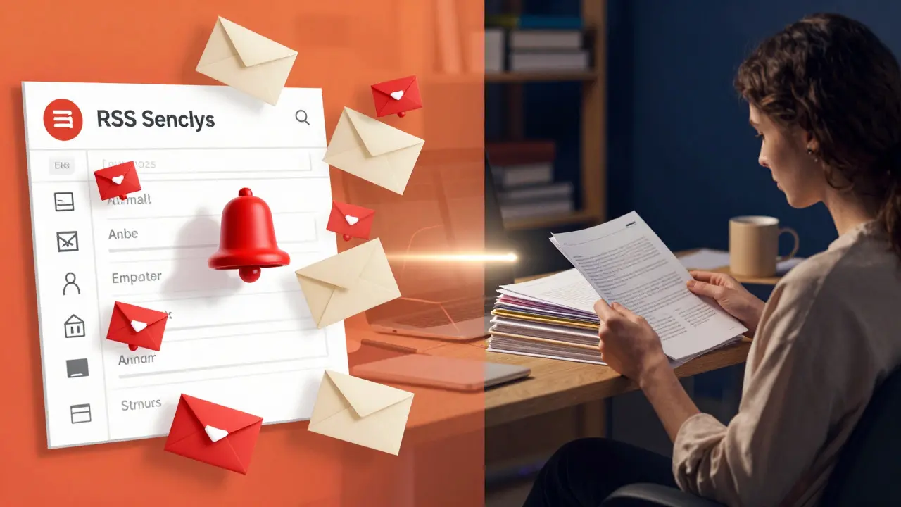 Split view comparing a chaotic email inbox with a calm, organized reading space